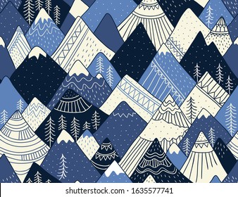 Seamless pattern with mountains in scandinavian style. Decorative background with landscape. Hand drawn ornaments.