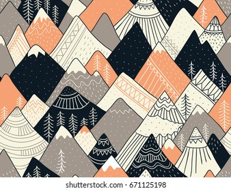 Seamless pattern with mountains in scandinavian style. Decorative background with landscape. Hand drawn ornaments.