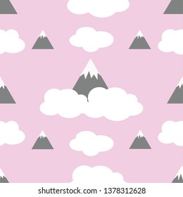 Seamless pattern with mountains, snow peaks and white clouds. Travel Cartoon vector illustration with snowy mountain peaks. Fashion design for bedroom. Abstract nature background.