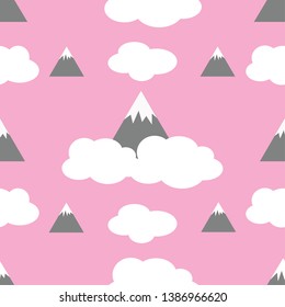 Seamless pattern with mountains, snow peaks and white clouds. Travel Cartoon vector illustration with snowy mountain peaks. Fashion design for bedroom. Abstract nature background.