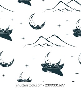 Сelestial seamless pattern with mountains, stars, crescent moon sailing in a boat. Mystical vector illustration for background, fabric, wallpaper and witchcraft.