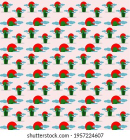 Seamless pattern mountains and the sun and clouds on pink background for wrapping paper or fabric in summer.