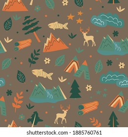 Seamless pattern. Mountains, tents in the forest, animals. Theme for kids scouts and travelers. Pattern in vector