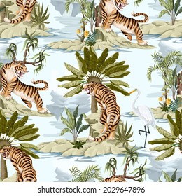 Seamless pattern with mountains and tigers. Asian interior print