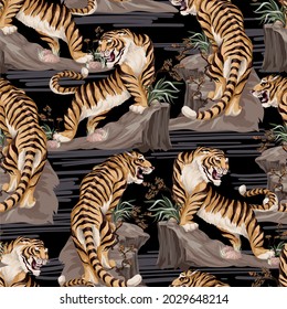 Seamless pattern with mountains and tigers. Asian interior print.