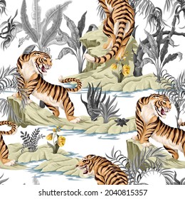 Seamless pattern with mountains and tigers. Asian interior print