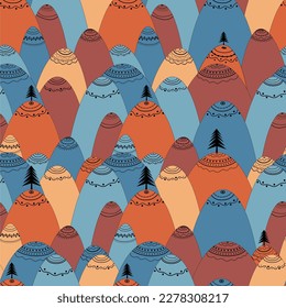 Seamless pattern with mountains and tree in Scandinavian style. Decorative background with landscape.