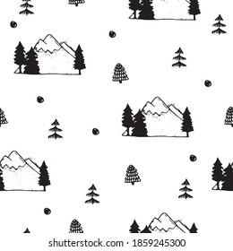 Seamless pattern with mountains and trees, black and white drawn elements. Vector illustration