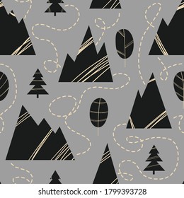 Seamless pattern with mountains, trees and leaves in scandinavian style.