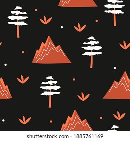Patrón sin foco de montañas, árboles - naranja sobre fondo negro. Ilustración de niños con escándalo de vectores. Para banner, tarjeta, textil