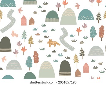 Seamless pattern of mountains, trees, river, houses, trees and animals. 