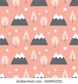 Seamless pattern with mountains, trees and stars