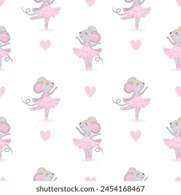 seamless pattern mouse ballerina. cute pattern for children's textiles a mouse in a skirt and crown is dancing. minimalistic pattern for children's textiles, printing, wallpaper.