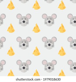 Seamless pattern of mouse and cheese in flat design graphic style. With plane background.