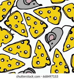Seamless pattern of mouse and cheese. Hand drawn