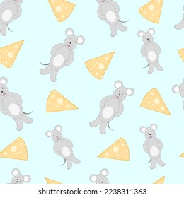Patrón inmaculado con un ratón y un queso sobre un fondo azul. Ilustración del vector