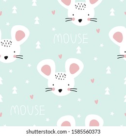 Seamless pattern with mouse and decorative elements. Vector illustration for printing on fabric, postcard, wrapping paper, gift products, Wallpaper, clothing. Cute baby background.