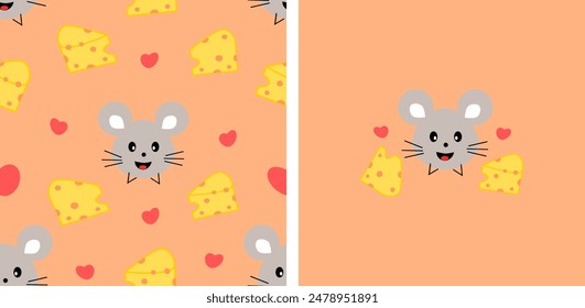 seamless pattern with mouse and hearts cheese