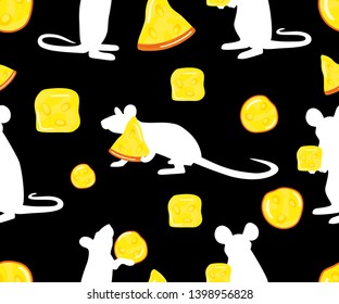 seamless pattern mouse with piece of cheese, white silhouette on black background. Template for fabric, wrapping, textile, wallpaper, print for kids clothes, card backdrop.Vector illustration