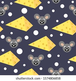 Seamless pattern with mouse and piece of cheese on dark background