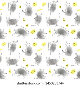 Seamless pattern mouse, rat and cheese. Drawn by hand in the style of the sketch. Isolated vector.