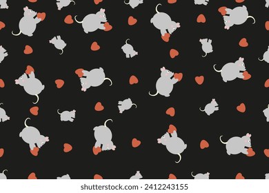 Seamless pattern with mouse and red Heart. Valentine's Day Wrapping paper design. Vector illustration can used bed linen, fabric and wallpaper print.