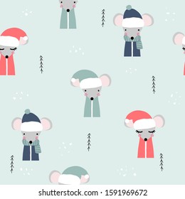 Seamless pattern with mouse and Santa hat. Funny holiday print. Vector hand drawn illustration.