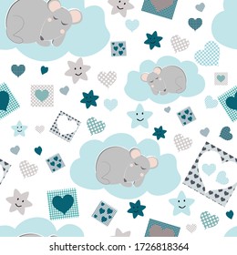 Seamless pattern with a mouse, stars and hearts in blue tones.