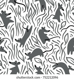 Seamless pattern with mouses. Background with cute rats in the grass. Floral vector illustration with animals for wallpapers, backdrops, textile in minimalistic flat style