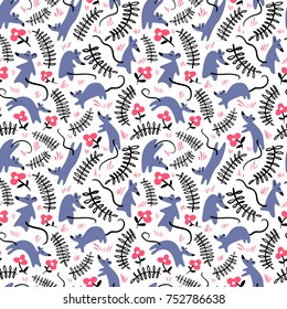 Seamless pattern with mouses. Background with cute rats in the grass. Floral vector illustration with animals for wallpapers, backdrops, textile in minimalistic flat style