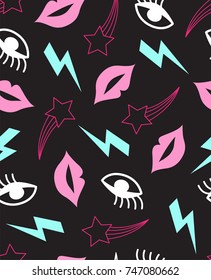 Seamless Pattern With Mouth, Eyes, Lightning And Shooting Star. In Multicolors On Black Background.