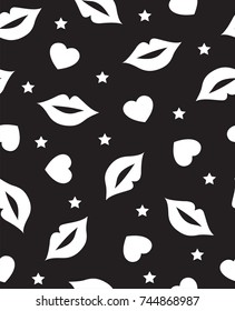 Seamless pattern with mouth, heart en stars in black and white.