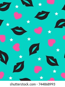 Seamless pattern with mouth, heart en stars in blue, black, pink and white.