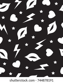 Seamless pattern with mouth, heart, lightning and stars. In black and white.
