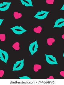 Seamless pattern with mouth and hearts in black, blue and pink.