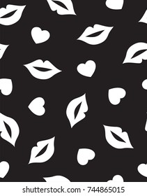 Seamless pattern with mouth and hearts in black and white.