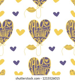 seamless pattern with a mouth holding heart on thread like balloon, small hearts