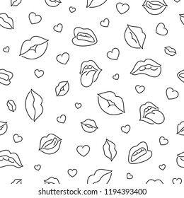 Seamless pattern with mouth and lips. Black and white thin line icons