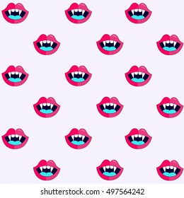 Seamless pattern mouth with pink lips fangs teeth and a blue tongue for Halloween.Vector flat icon illustration
