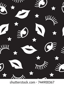 Seamless pattern with mouth, winking eyes and stars, In black and white.