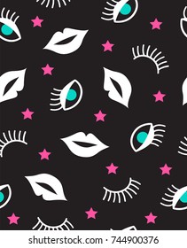 Seamless pattern with mouth, winking eyes and stars, In black, white, pink and blue.