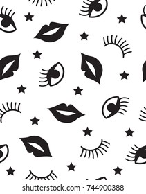 Seamless pattern with mouth, winking eyes and stars, In black and white.