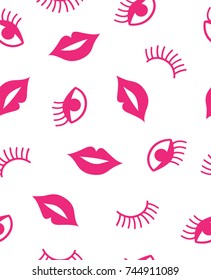 Seamless pattern with mouth and winking eyes. In pink and white.