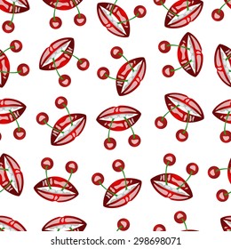 seamless pattern of mouths with cherries on a white background