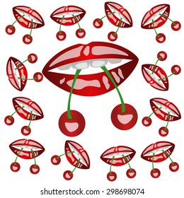 seamless pattern of mouths with cherries on a white background