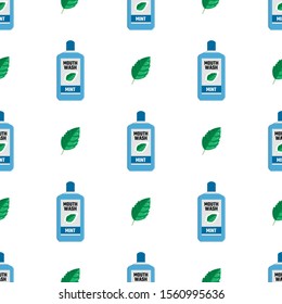 Seamless pattern with mouthwash and green mint leaves cartoon on white background. Teeth protection, oral care, dental health concept. Vector illustration for design, web, wrapping paper, fabric.