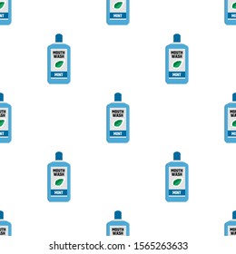 Seamless pattern with mouthwash and green mint leaves cartoon on white background. Teeth protection, oral care, dental health concept. Vector illustration for design, web, wrapping paper, fabric.
