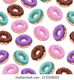 Seamless pattern of mouth-watering chocolate,pink,purple,green donuts on a white background.Vector pattern of confectionery dessert.It can be used in the menus of bakeries,restaurants,cafes,textiles, 