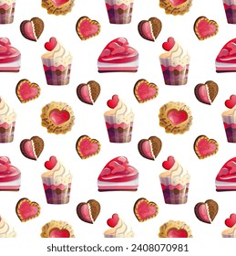 Seamless pattern of mouth-watering cookies with hearts and cute cakes, illustrations in a flat cartoon style to decorate the menus of sweet restaurants and Valentine's Day cards