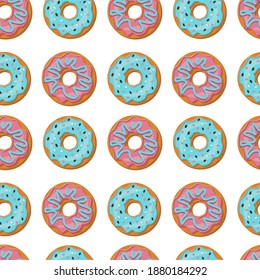 Seamless pattern with mouth-watering pink and blue donuts with icing on a white background. Vector pattern in flat style.
